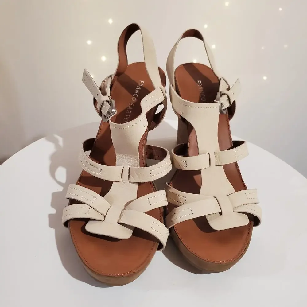 Franco Sarto Honduras Stacked Wedge Open Toe Leather Sandals Womens Size 9 Cream